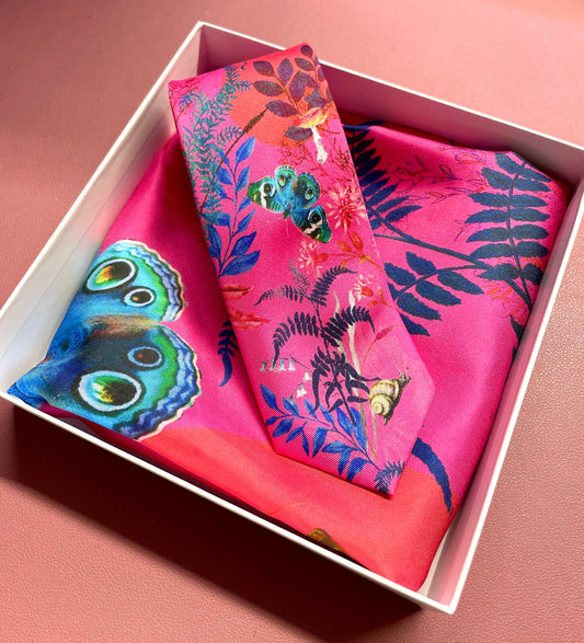 Fuchsia Pink Silk Tie and pocket square set in 'Nectar' butterfly print