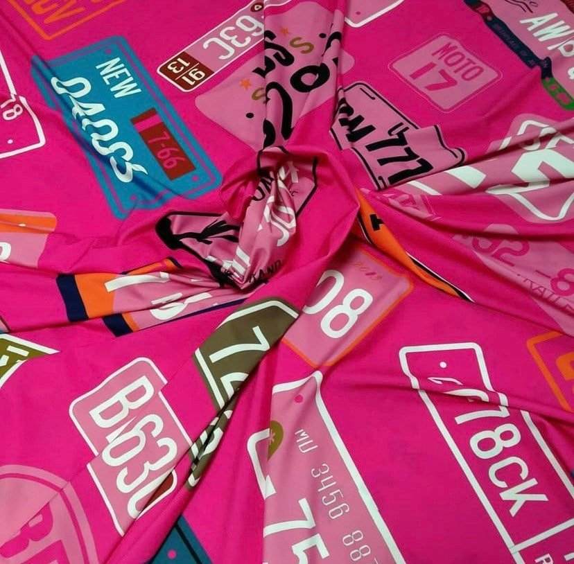 Pink Number Plate Pattern Fabric – Fabric by Metre, Options: Satin, Crepe, Spandex, Chiffon