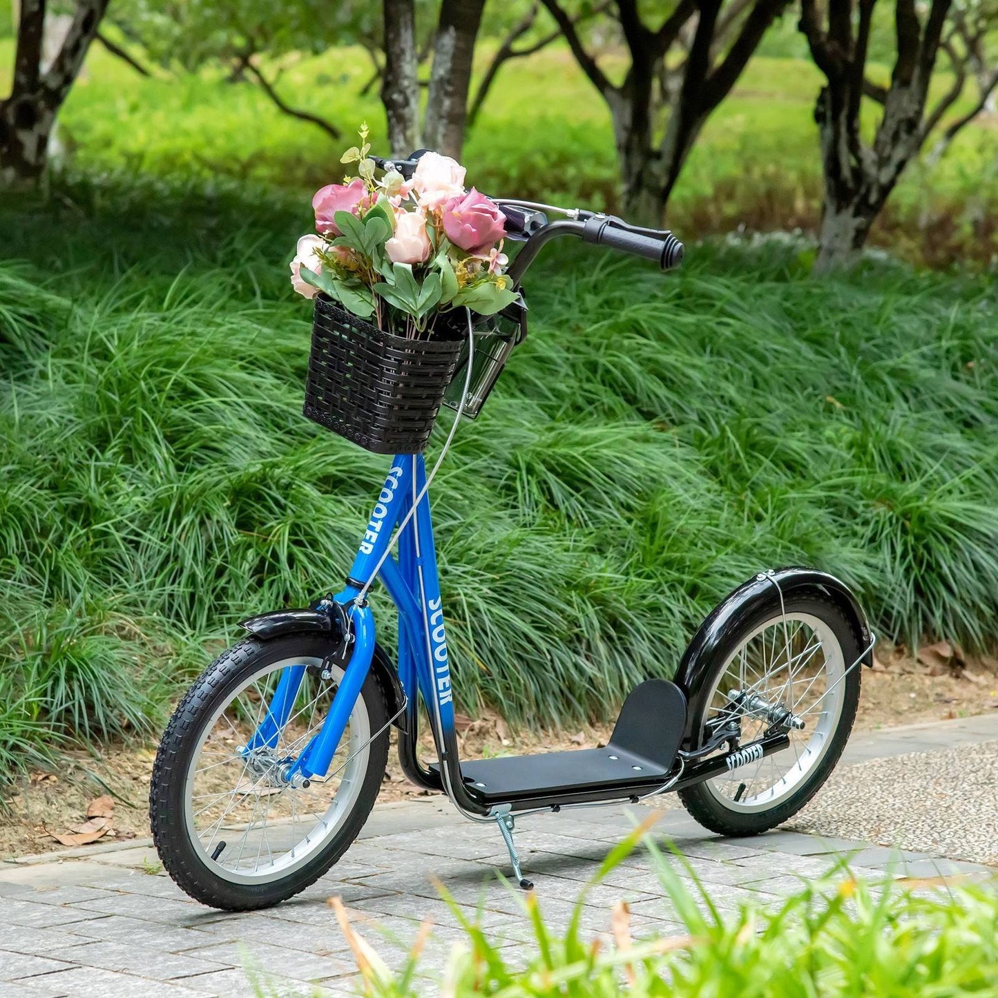 Kids Scooter Adjustable With Inflatable Wheel Brake Basket Cupholder Mudguard