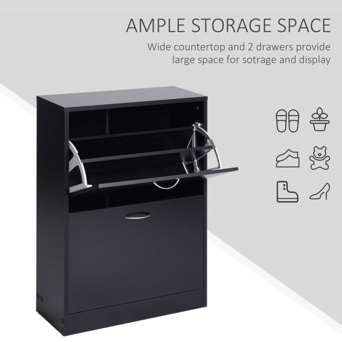 Shoe Cabinet Storage Cupboard 2-Tier Wood Tipping Bucket Modern Hall Organizer With Drawer Adjustable Shelf Large-Capacity Black