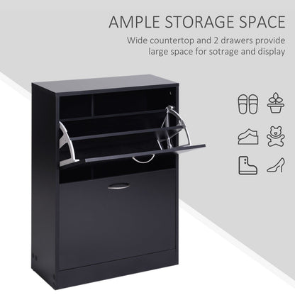 Shoe Cabinet Storage Cupboard 2-Tier Wood Tipping Bucket Modern Hall Organizer With Drawer Adjustable Shelf Large-Capacity Black