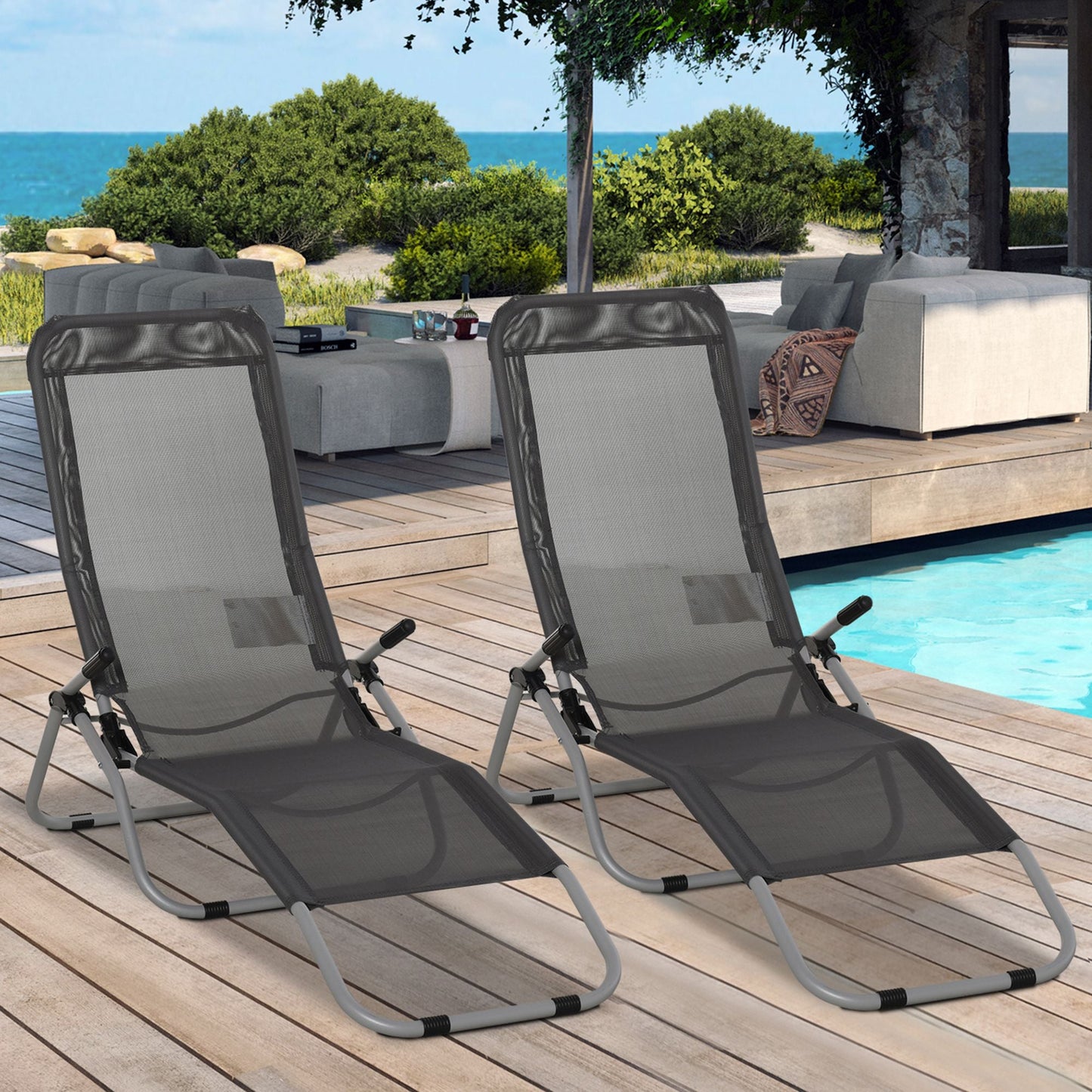 Set of 2 Outdoor Patio Chaise Recliner Portable Lounge Chairs w/ Rust-Resistant Steel Frame & Adjustable Backrest