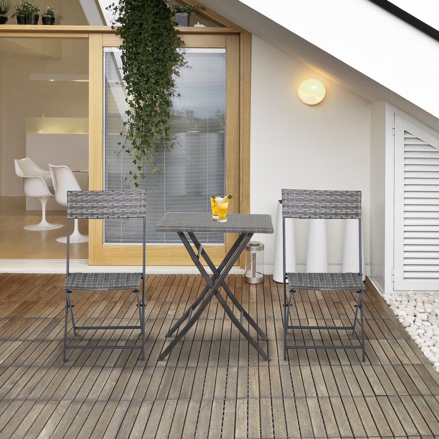 2 Seater Chair Bistro Set Garden Patio Table & Chair Black Rattan Furniture Grey