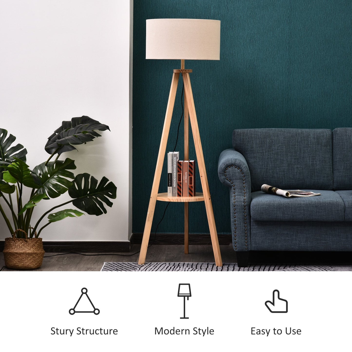 Free Standing Tripod Floor Lamp Bedside Light Reading Light With Storage Shelf Linen Shade For Living Room Bedroom