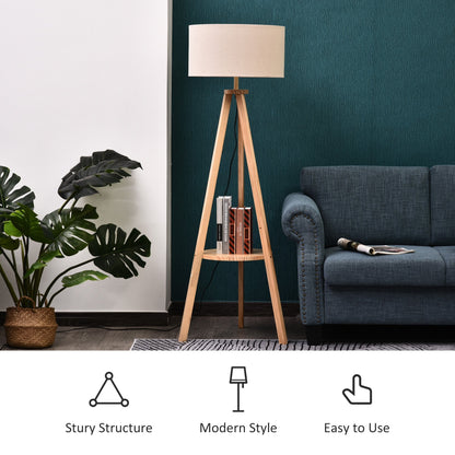 Free Standing Tripod Floor Lamp Bedside Light Reading Light With Storage Shelf Linen Shade For Living Room Bedroom