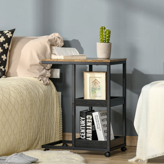 Industrial Mobile Sofa Side Table C Shaped Rolling Couch Table With 3 Tier Storage Shelving Four Lockable Wheels Steel Frame Brown
