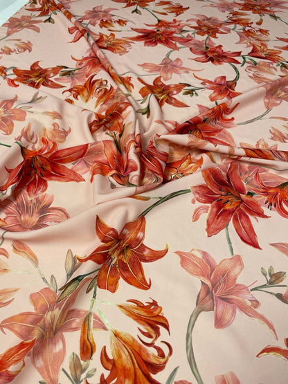 Orange and Red Lily Floral Fabric – Fabric by Metre, Multiple Options for Sewing & Dressmaking