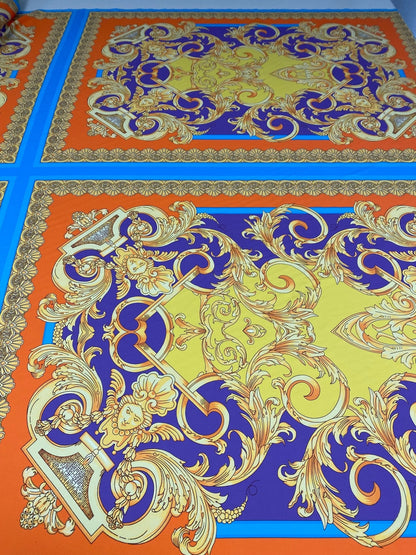 Orange & Blue Baroque Crepe Fabric by the Metre – Fashion