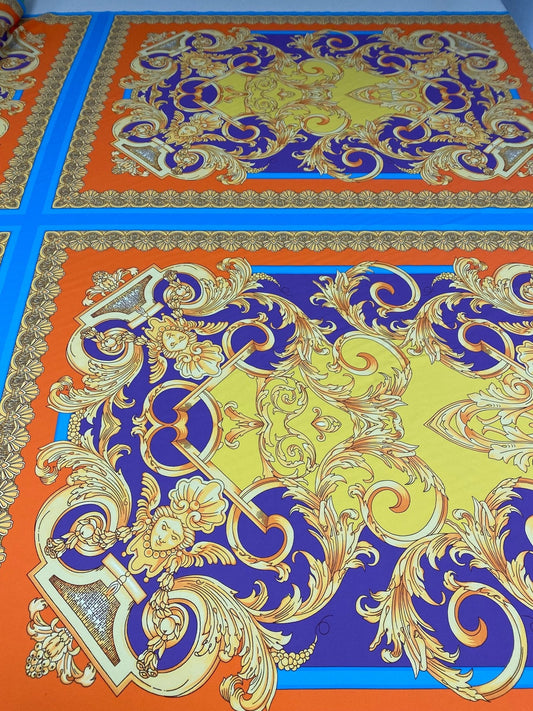 Orange & Blue Baroque Crepe Fabric by the Metre – Fashion