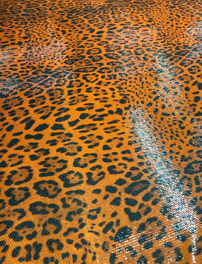 Orange Leopard Print Sequin Fabric, 2- Way Stretch Sequin Fabric By The Yard