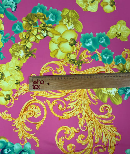 Orchid Floral Crepe Fabric by the Metre – Pink Yellow & Green Flowers