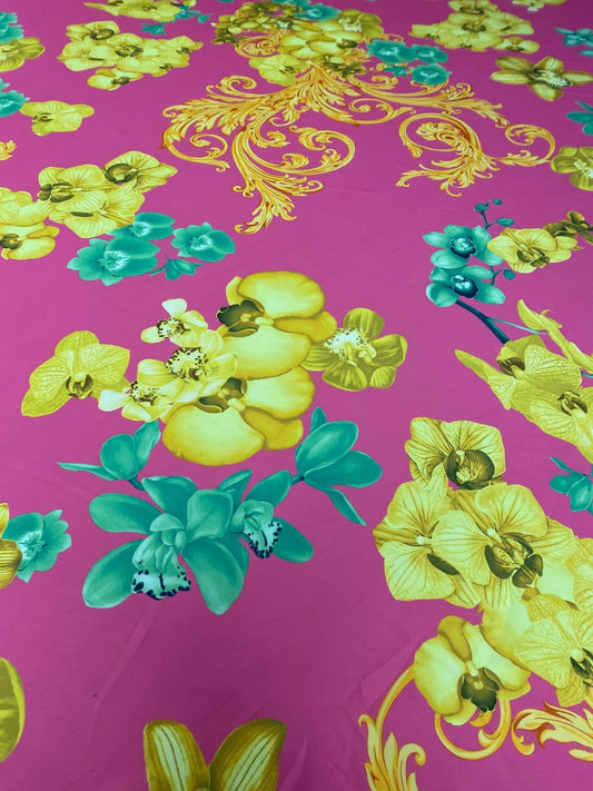 Orchid Floral Crepe Fabric by the Metre – Pink Yellow & Green Flowers
