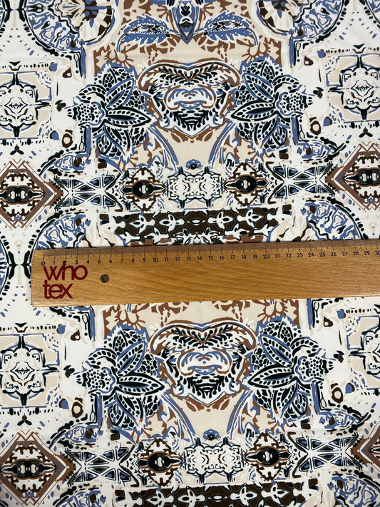 Ornamental Ethnic Print Fabric in Blue, Brown, and Beige