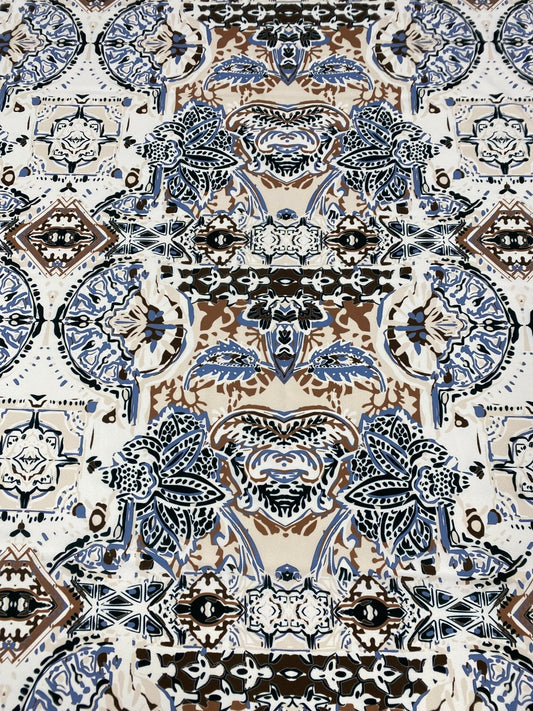 Ornamental Ethnic Print Fabric in Blue, Brown, and Beige
