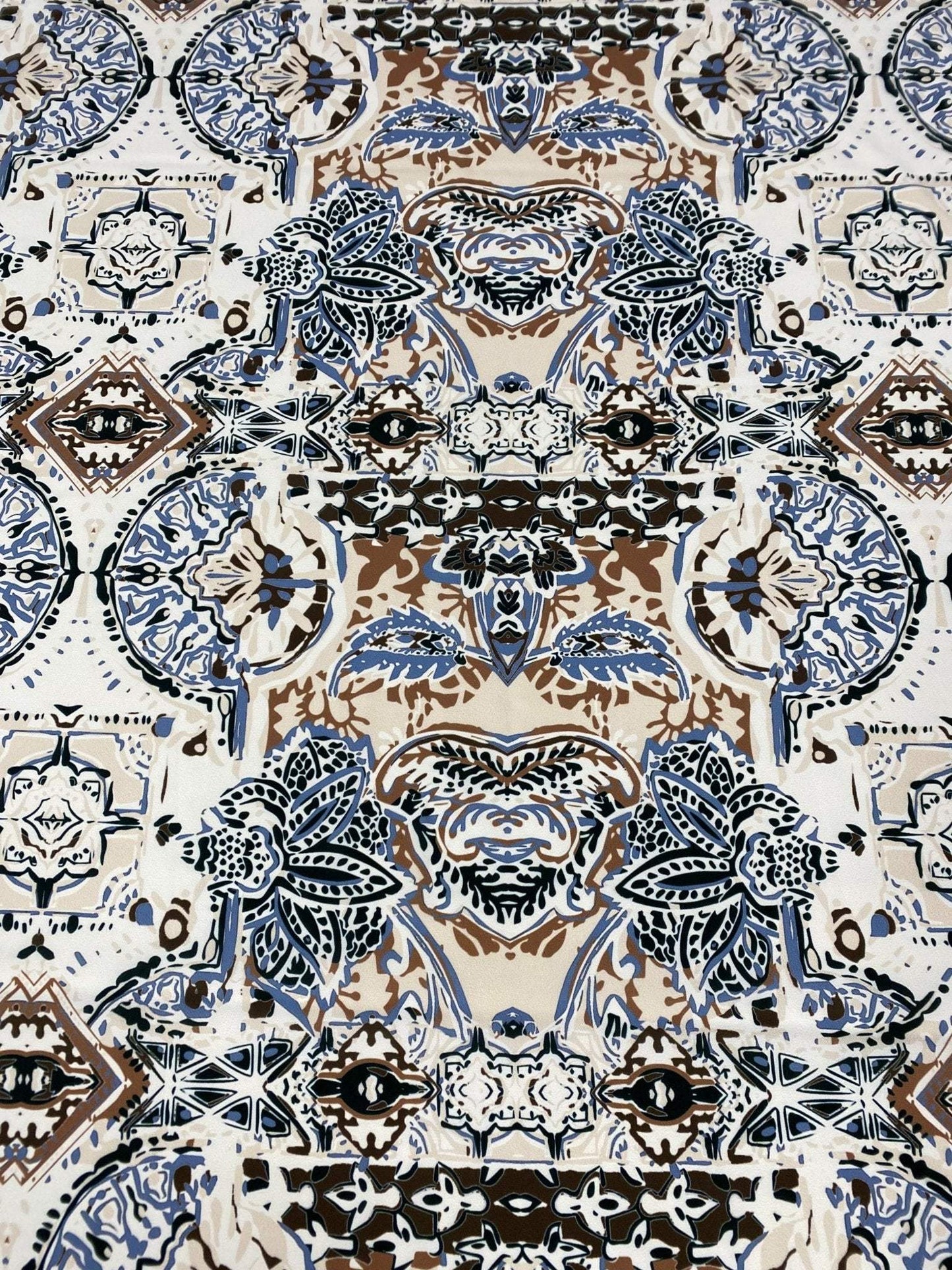 Ornamental Ethnic Fabric in Blue, Brown, and Beige – Custom Printed Fabric, Choose Material by Metre