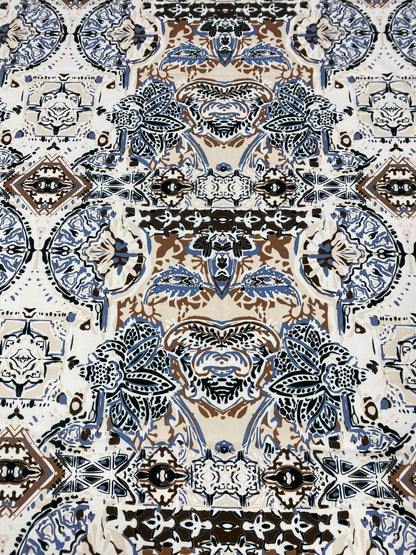 Ornamental Ethnic Fabric in Blue, Brown, and Beige – Custom Printed Fabric, Choose Material by Metre