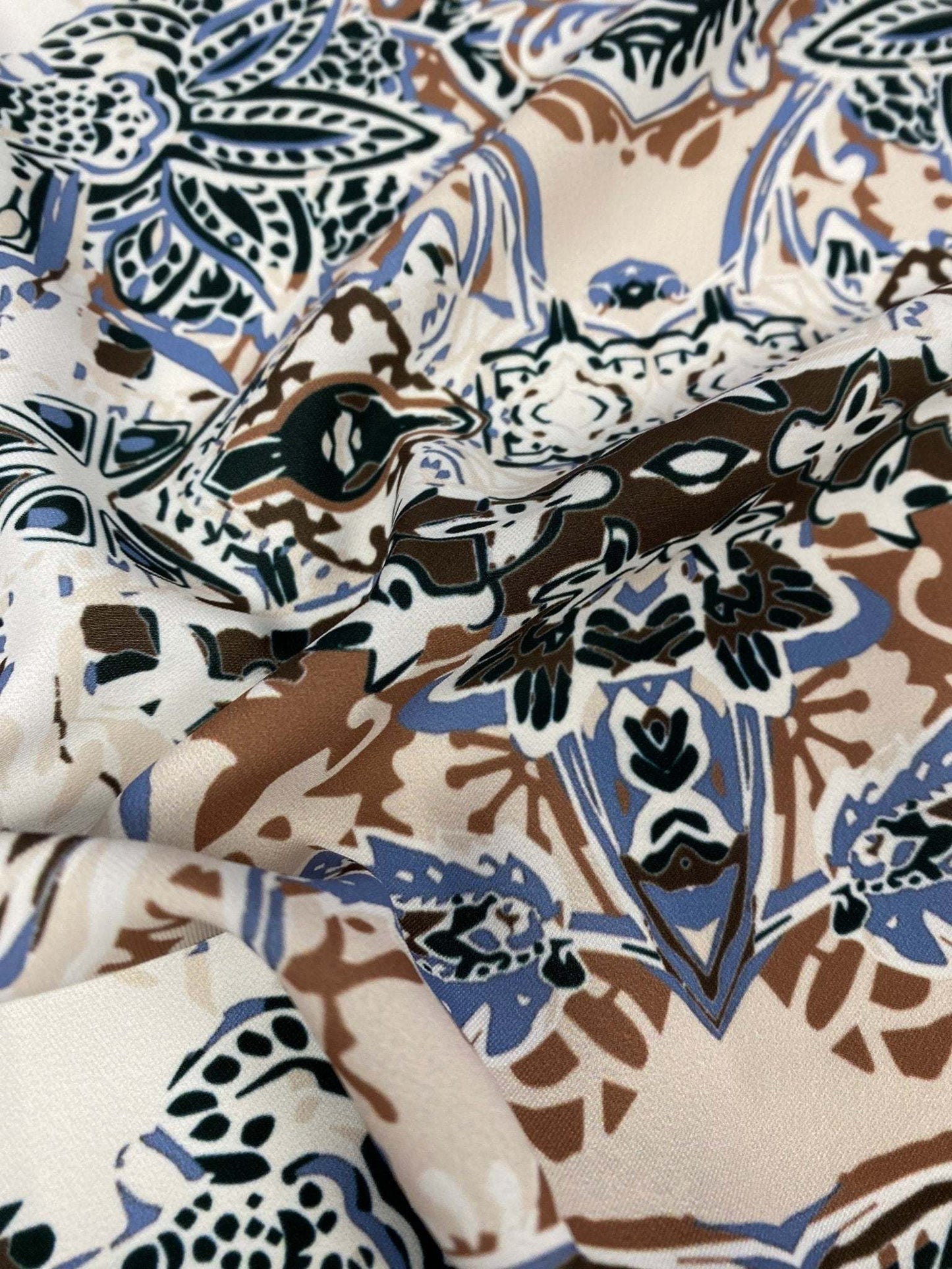 Ornamental Ethnic Fabric in Blue, Brown, and Beige – Custom Printed Fabric, Choose Material by Metre