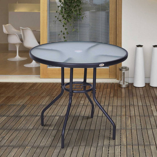 Outdoor 80cm Round Dining Table Tempered Glass Top Steel Frame Bistro Coffee End Side Table Garden w/ Parasol Hole