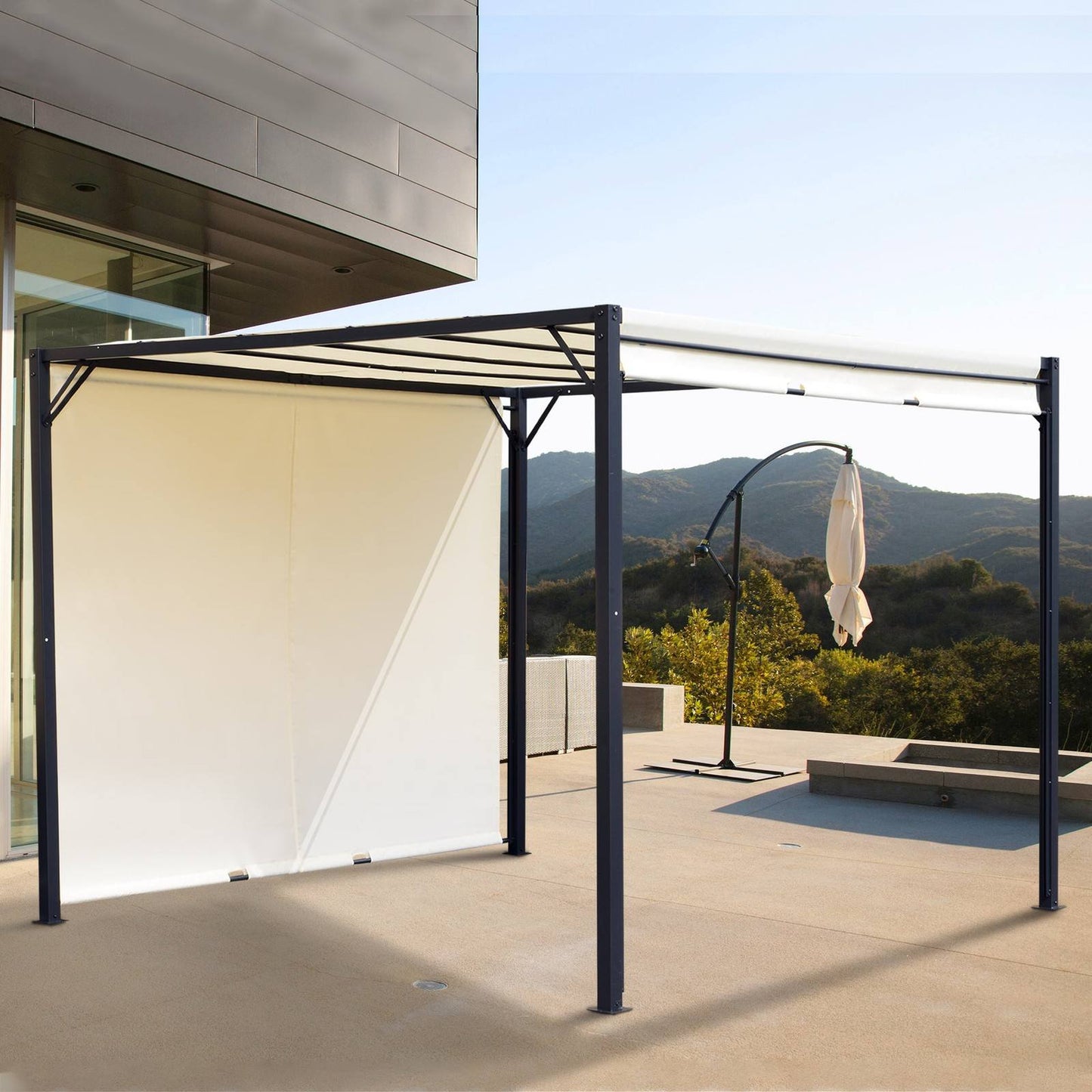 Metal Pergola With Canopy Retractable Pergola Canopy 3Lx3Wx2.3H m Garden Gazebo Party Tent Sun Shelter Cover - Cream White/Black