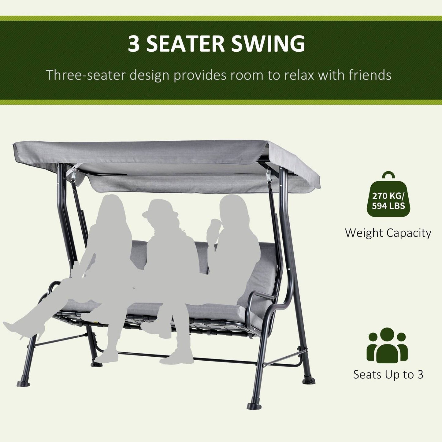 Outdoor 3-person Metal Porch Swing Chair Bench