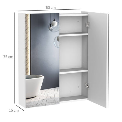 Wall Mount Mirror Cabinet Wood Bathroom Storage Shelf Double Door Cupboard Adjustable 60Wx15Dx75H cm
