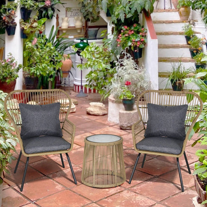 3-Piece PE Rattan Outdoor Conservatory Dining Set 2 Chairs Coffee Table Bistro Garden w/ Cushions Brown