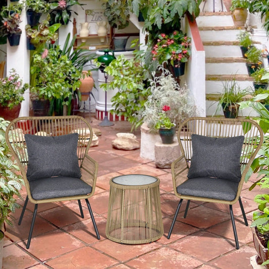 3-Piece PE Rattan Outdoor Conservatory Dining Set 2 Chairs Coffee Table Bistro Garden w/ Cushions Brown