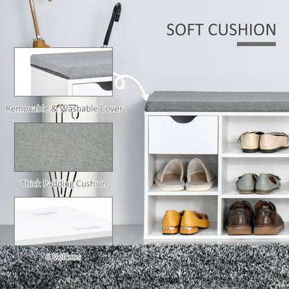 Shoe Storage Bench w/ Cushion 7 Compartments Adjustable Shelves White and Grey