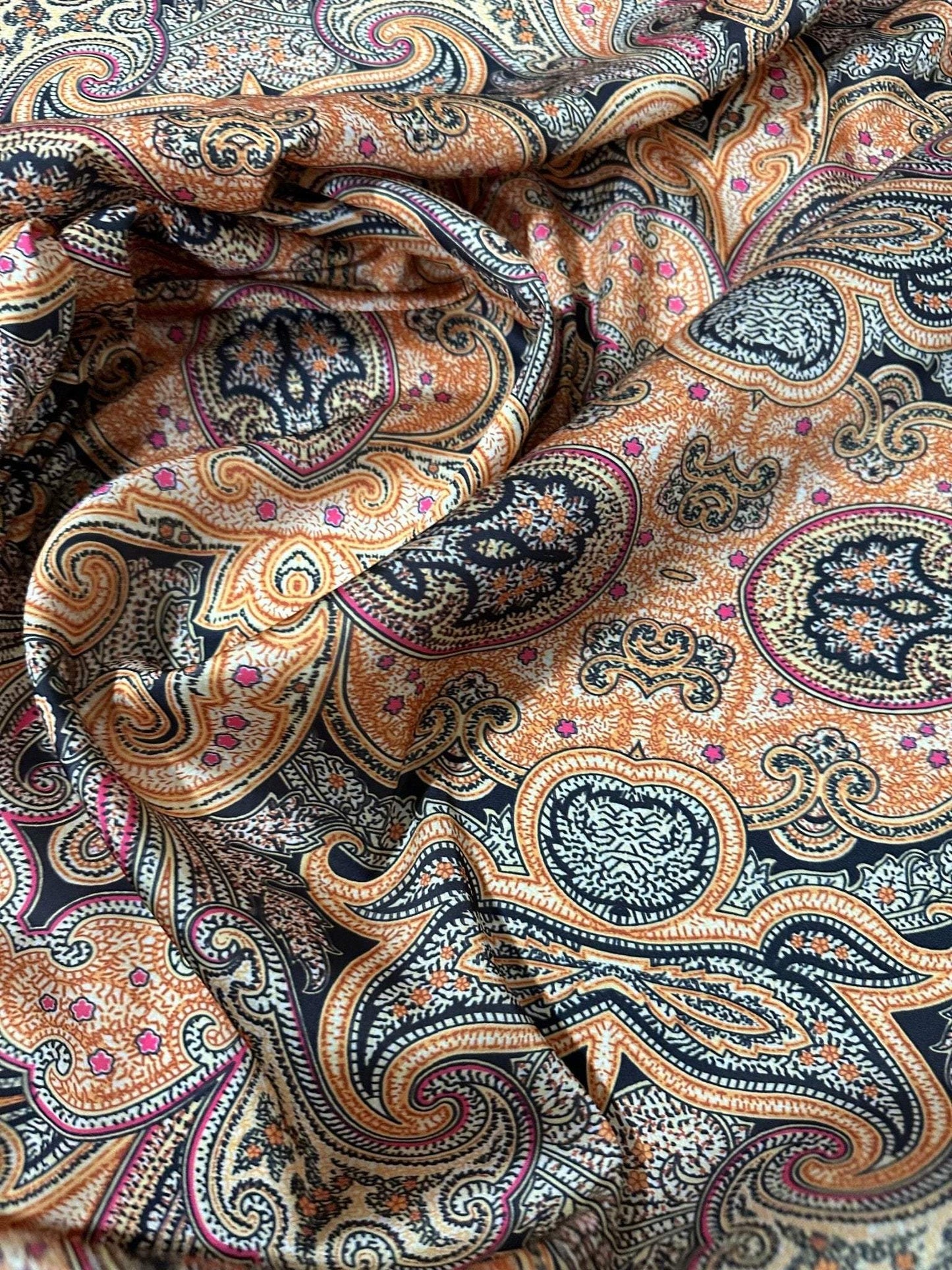 Black and Orange Paisley Fabric – Available in Satin, Crepe, Spandex & Chiffon | By Metre