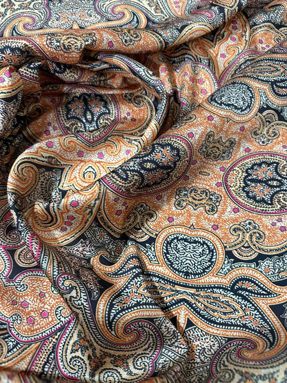 Black and Orange Paisley Fabric – Available in Satin, Crepe, Spandex & Chiffon | By Metre