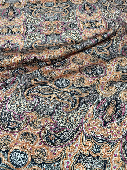 Black and Orange Paisley Fabric – Available in Satin, Crepe, Spandex & Chiffon | By Metre
