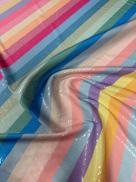 Pastel Rainbow Sequin Striped Fabric by the Metre