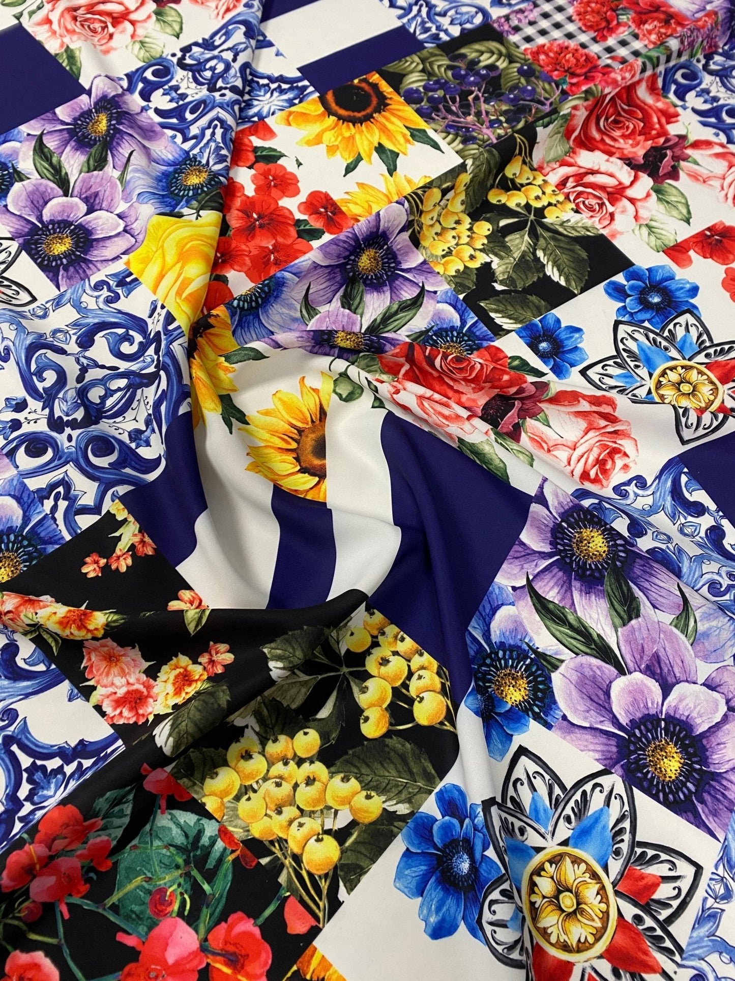 Patchwork Floral Crepe Fabric by the Metre – Colourful & Unique