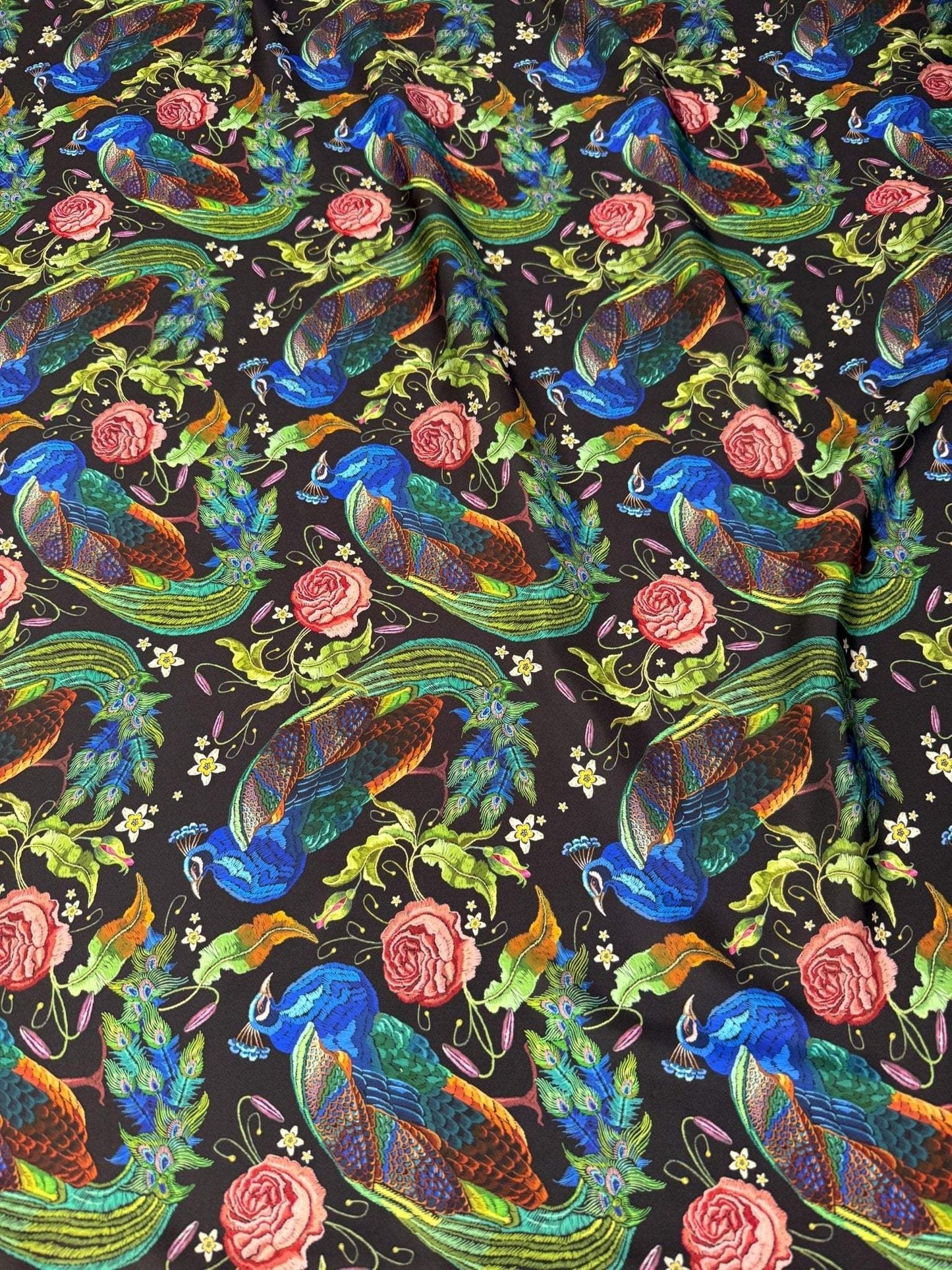 Peacock Rose Fabric – Available in Satin, Crepe, Spandex & Chiffon | By Metre
