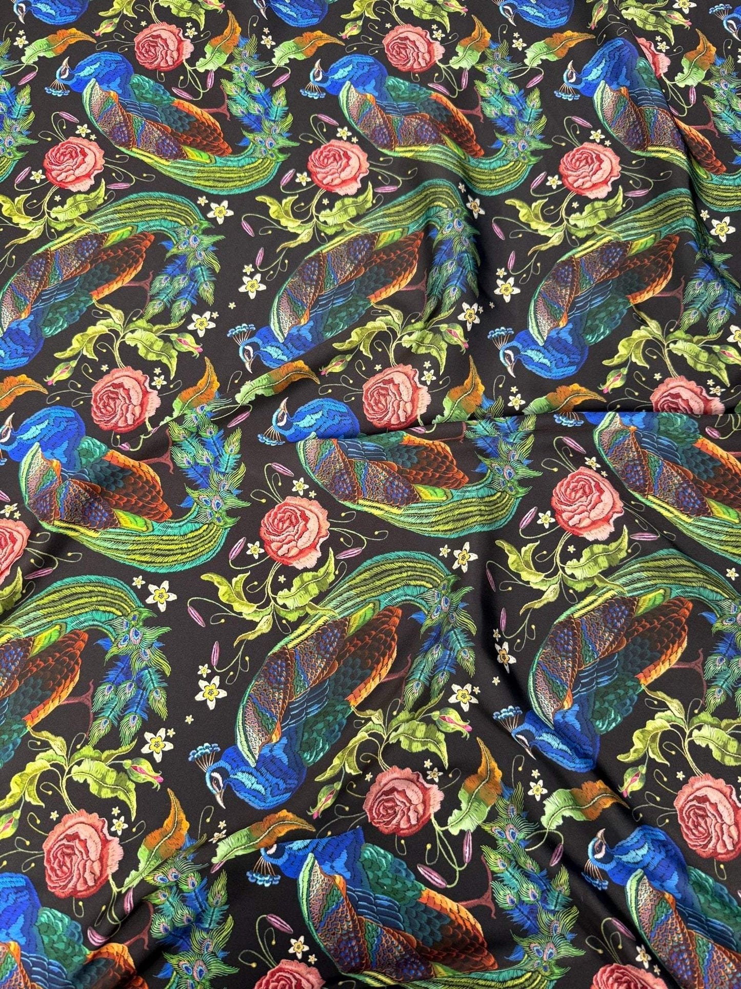 Peacock Rose Fabric – Available in Satin, Crepe, Spandex & Chiffon | By Metre
