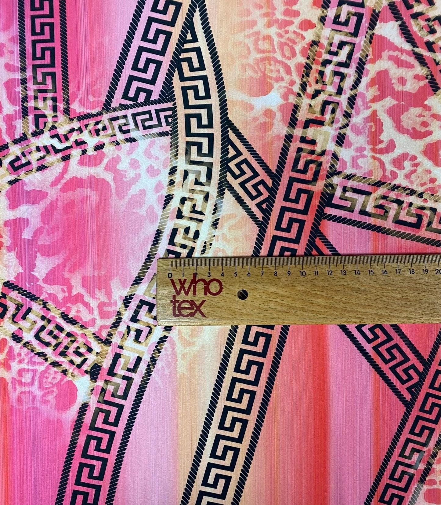 Pink Abstract Greek Key Fabric – Leopard & Stripe Design by the Metre