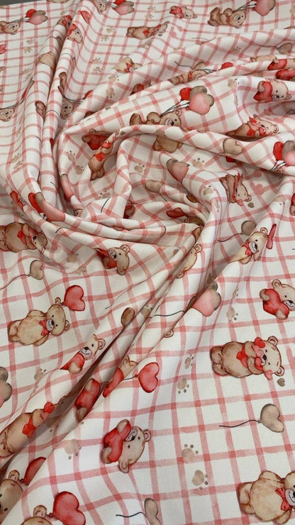 Pink Plaid Cute Teddy Bear and Heart Balloon Print Fabric – Fabric by Metre, Options: Satin, Crepe, Spandex, Chiffon