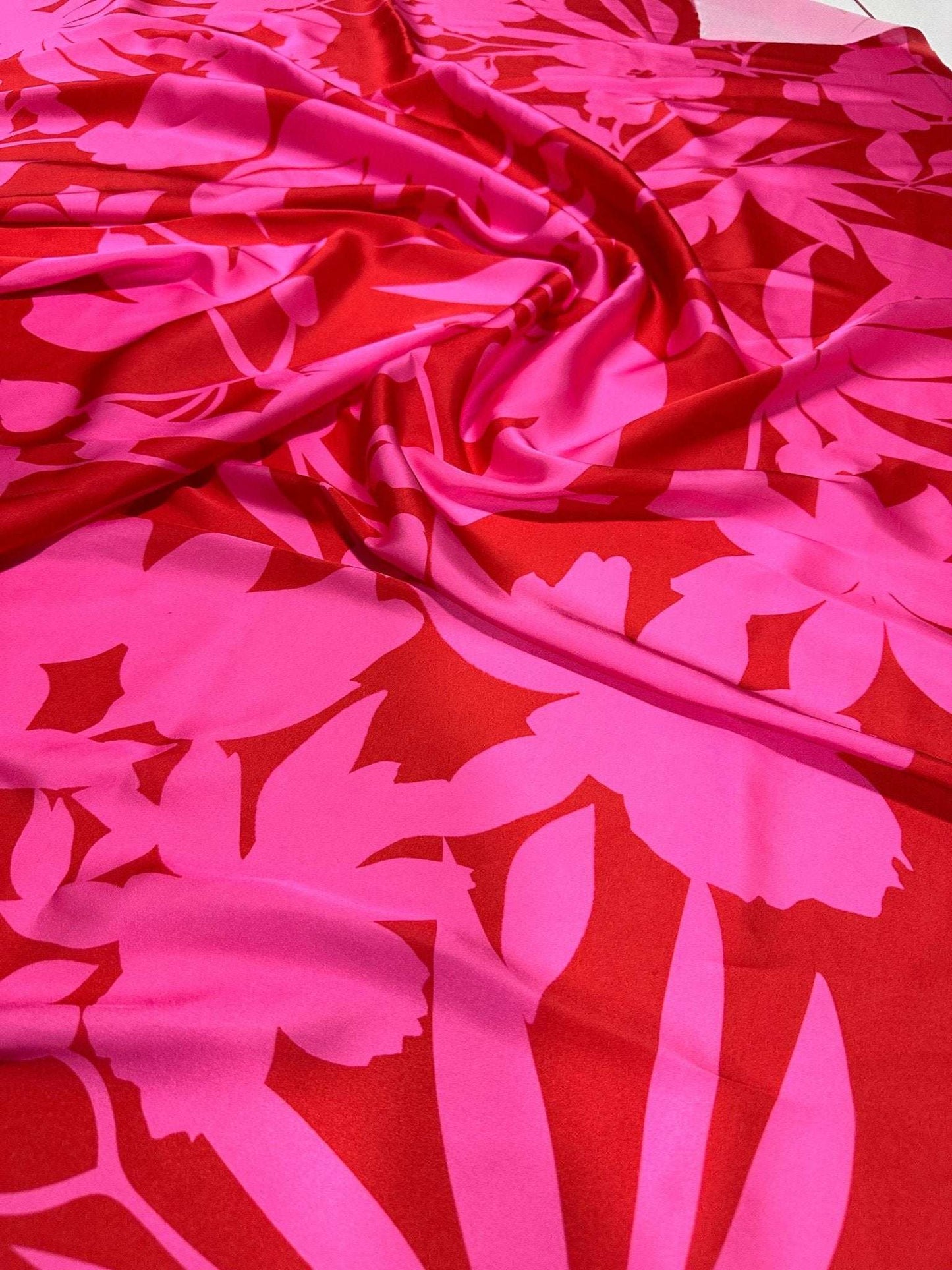 Tropical Pink and Red Fabric Vibrant Floral – Available in Satin, Crepe, Spandex & Chiffon | By Metre