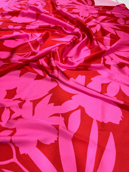 Tropical Pink and Red Fabric Vibrant Floral – Available in Satin, Crepe, Spandex & Chiffon | By Metre