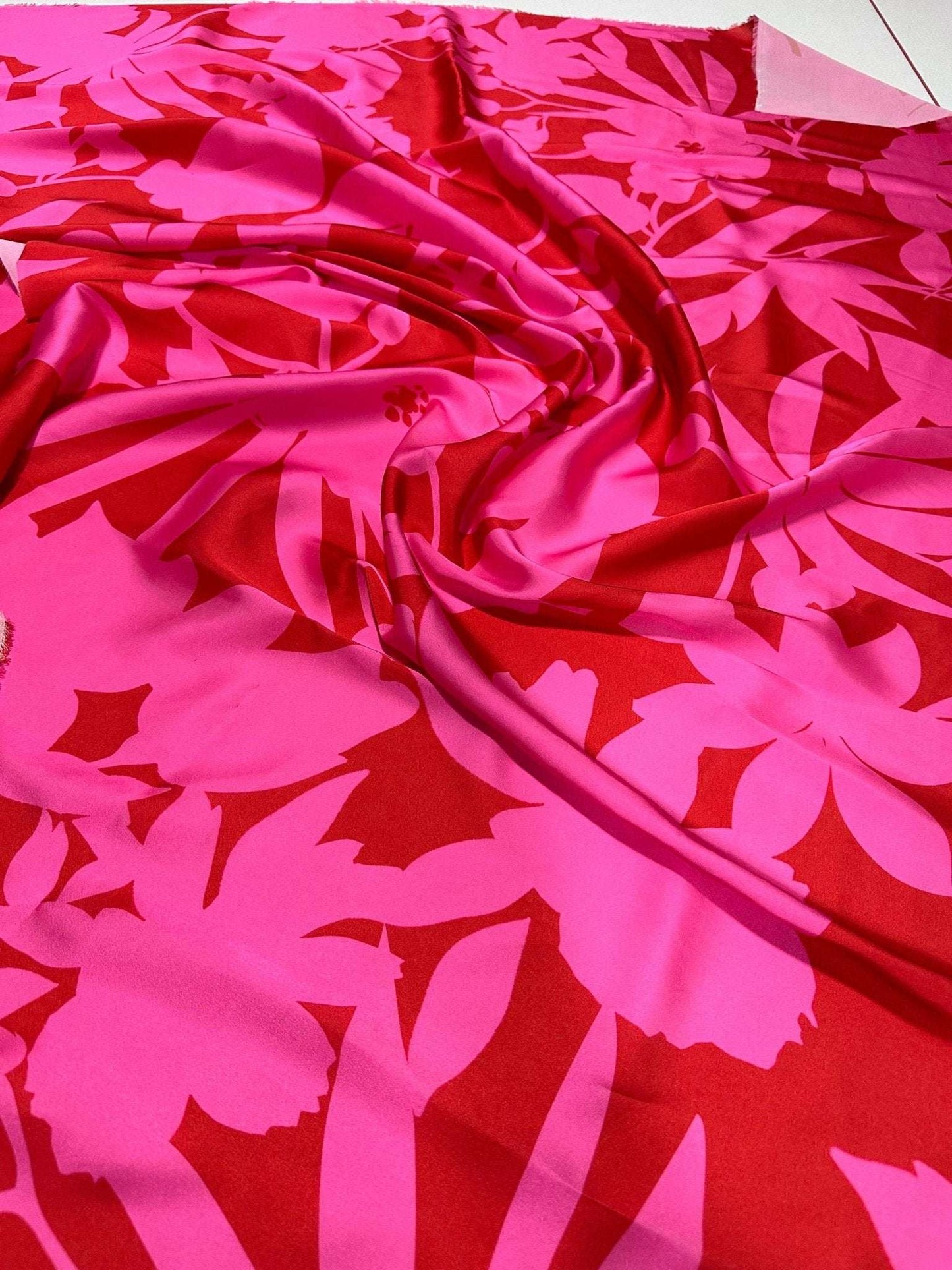 Tropical Pink and Red Fabric Vibrant Floral – Available in Satin, Crepe, Spandex & Chiffon | By Metre