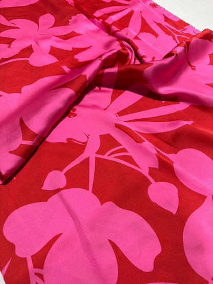 Tropical Pink and Red Fabric Vibrant Floral – Available in Satin, Crepe, Spandex & Chiffon | By Metre