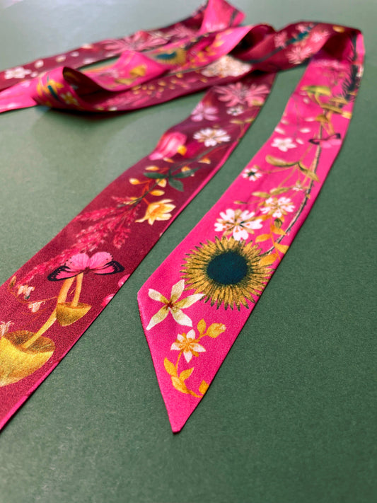 Hot pink Silk satin 'Mirasol' Ultra Skinny silk scarf with sunflowers