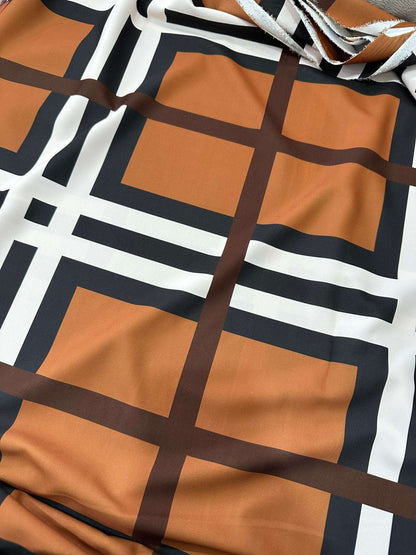 Brown and White Striped Plaid Fabric – Available in Satin, Crepe, Spandex & Chiffon | By Metre