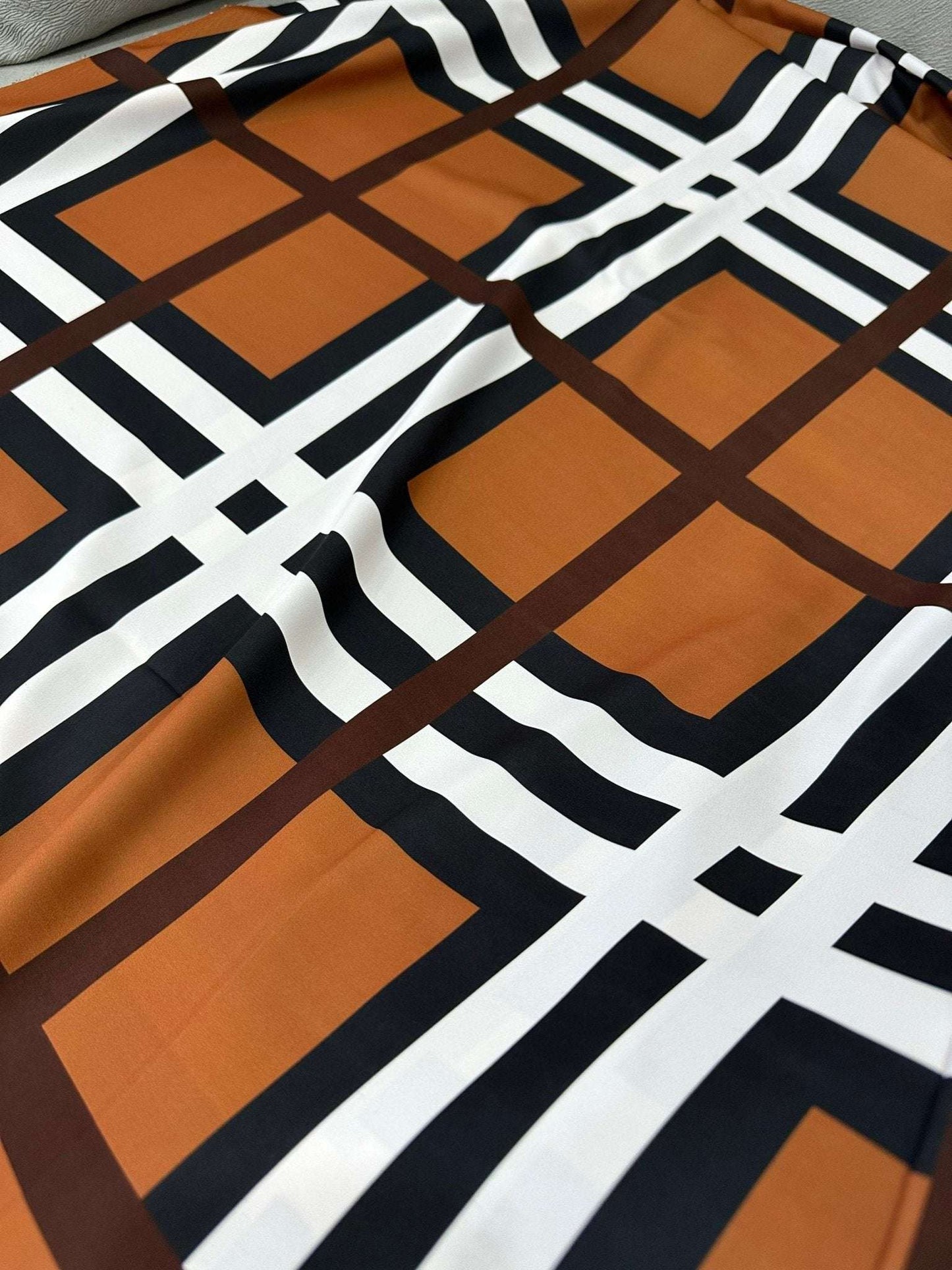 Brown and White Striped Plaid Fabric – Available in Satin, Crepe, Spandex & Chiffon | By Metre