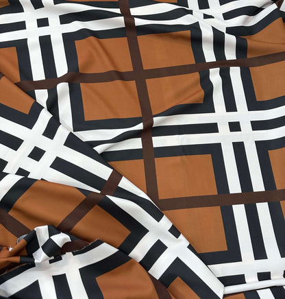 Brown and White Striped Plaid Fabric – Available in Satin, Crepe, Spandex & Chiffon | By Metre