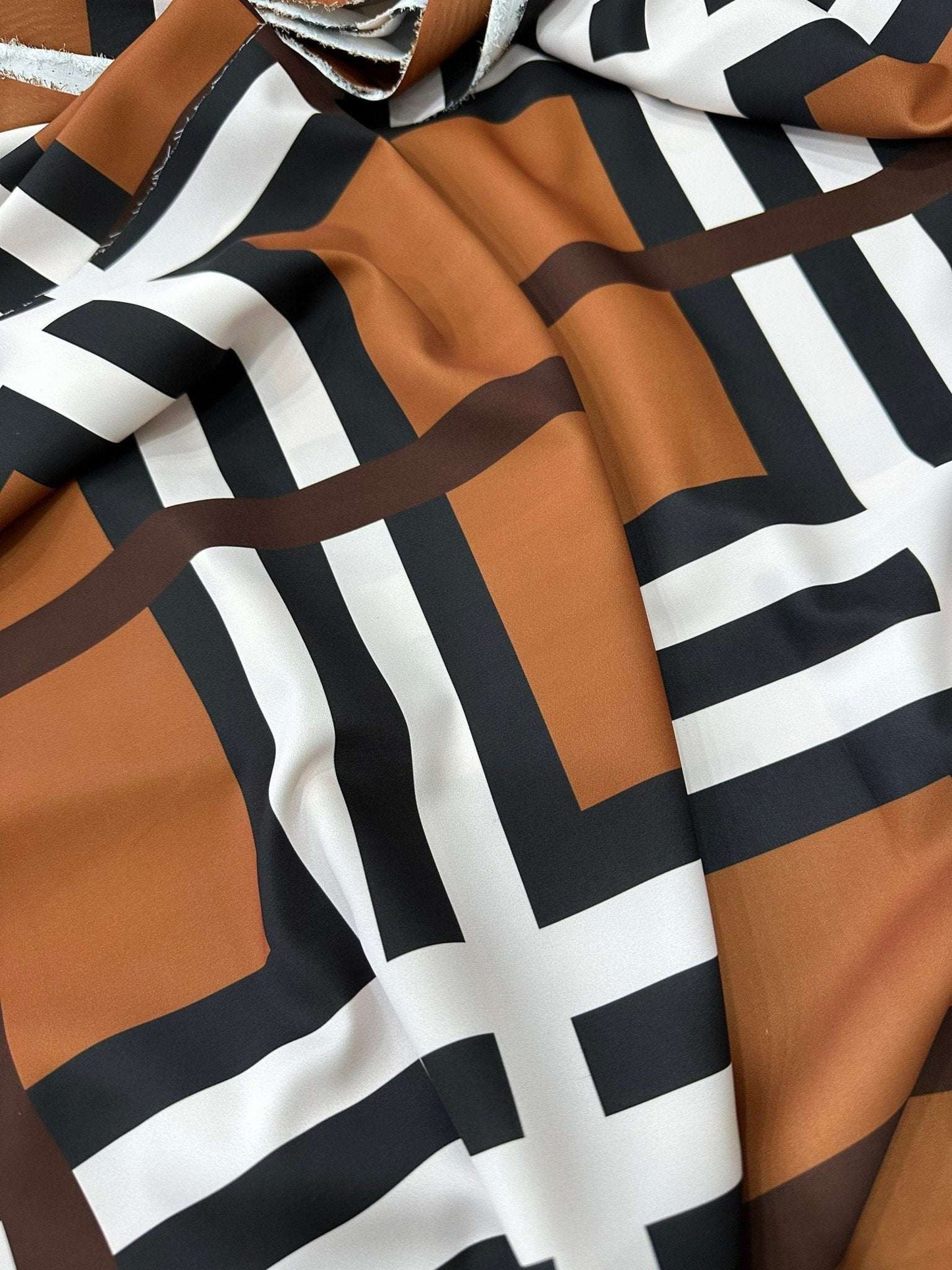 Brown and White Striped Plaid Fabric – Available in Satin, Crepe, Spandex & Chiffon | By Metre