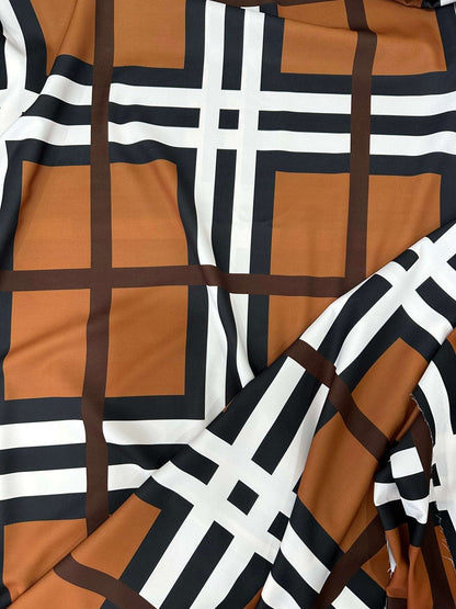 Brown and White Striped Plaid Fabric – Available in Satin, Crepe, Spandex & Chiffon | By Metre