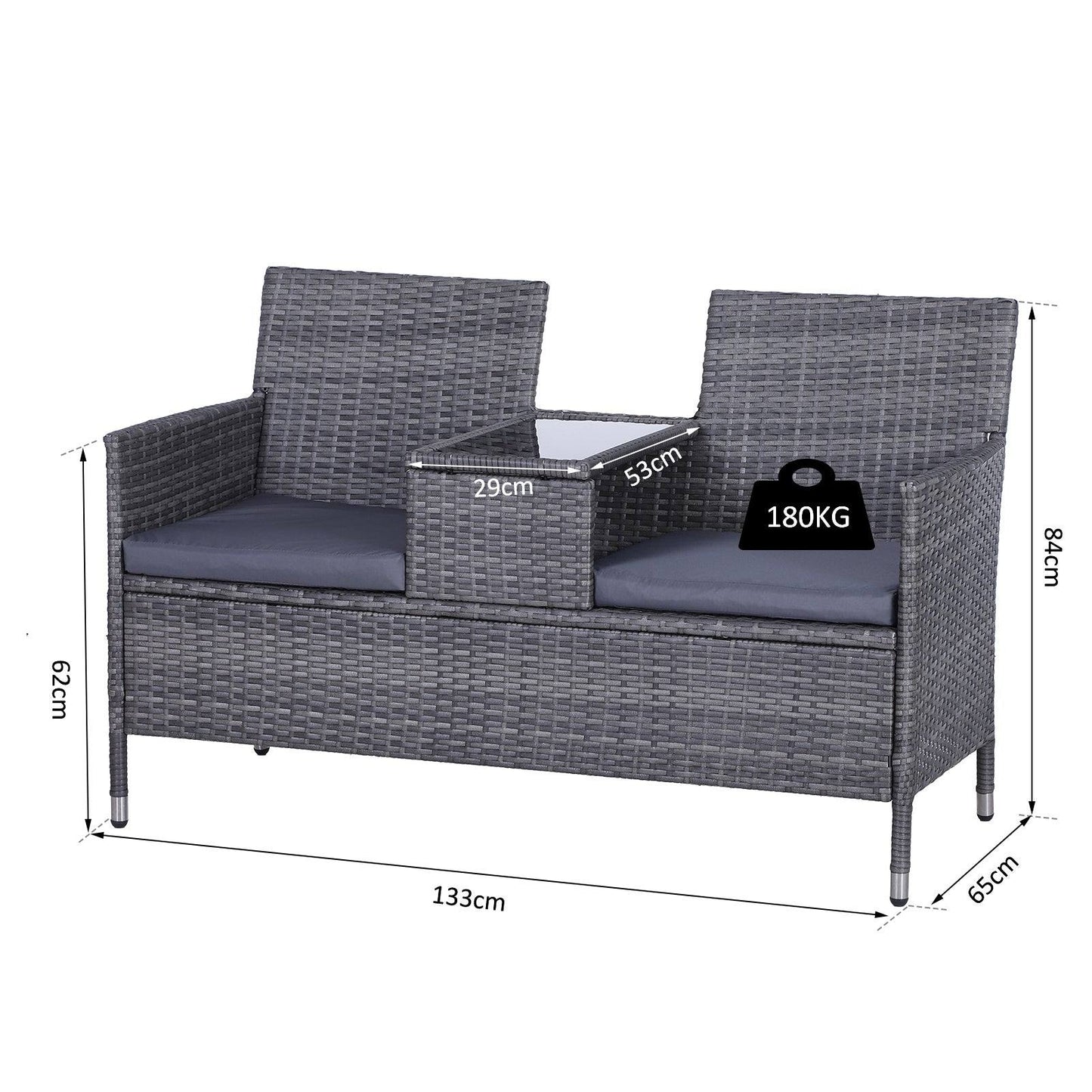 2 Seater PE Rattan Outdoor Garden Bench w/ Centre Table Grey