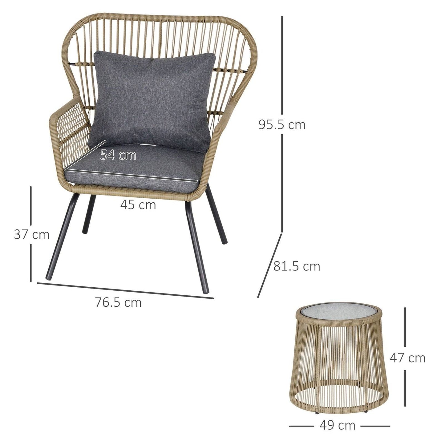 3-Piece PE Rattan Outdoor Conservatory Dining Set 2 Chairs Coffee Table Bistro Garden w/ Cushions Brown