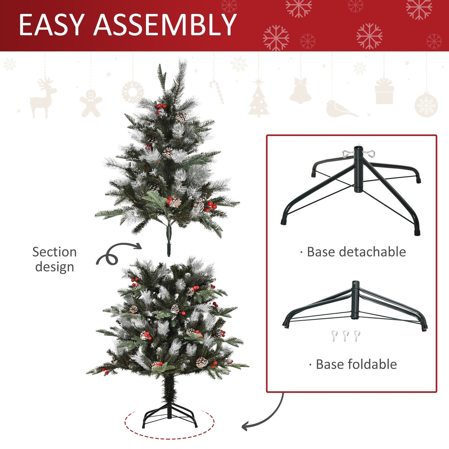 5FT Artificial Snow Dipped Christmas Tree Xmas Pencil Tree with Foldable Feet Red Berries White Pinecones
